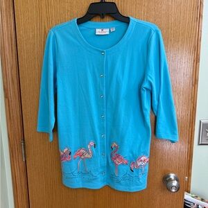 Quacker Factory Turquoise Cardigan with Embroidered Flamingos